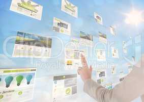 panels with websites(green) sky background, only with hand