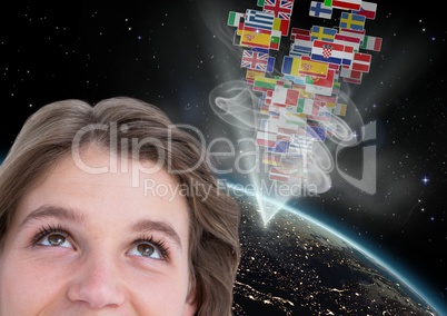 panel with flags going out of the earth with lights. woman head