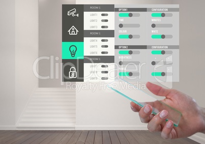 Hand holding glass screen and Home automation system App Interface