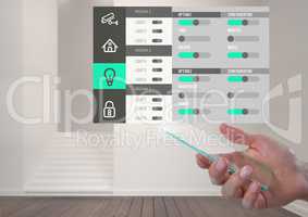 Hand holding glass screen and Home automation system App Interface