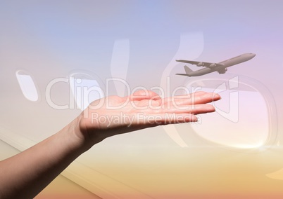 Hand open with airplane blended image inside and outside