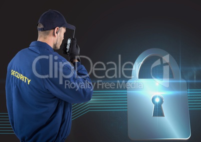 Security guard using radio with virtual lock in background