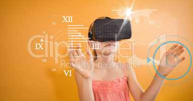 Girl looking at clock seen through VR glasses