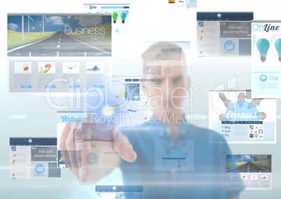 panels with websites(blue) man behind t touching the screen