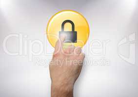 Hand with flare touching yellow lock graphic against white background