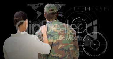 Back of soldier and wife against black background with interface