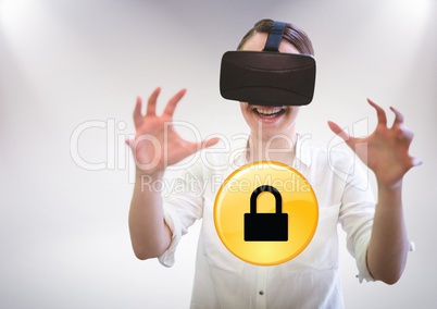 Woman in VR and yellow lock graphic against white background