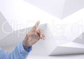 Hand  touching air with minimal white background shapes