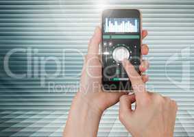 Hand Touching Mobile phone with Sound Music and Audio production engineering equalizer App Interface