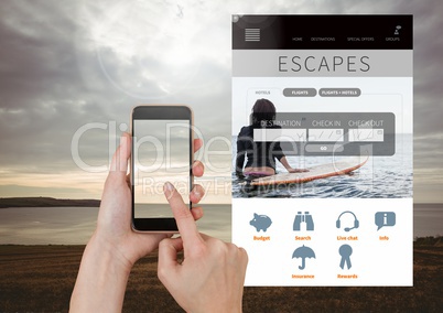 Hand Touching Mobile phone Escapes Holiday break App Interface with sea