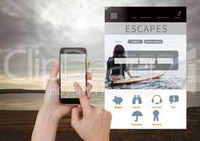 Hand Touching Mobile phone Escapes Holiday break App Interface with sea