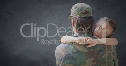 Back of soldier with daughter against grey background with grunge overlay