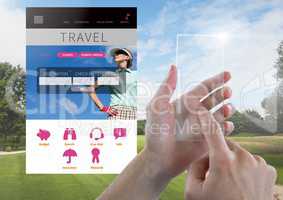Hand Touching Glass Tablet and Holiday travel break App Interface with golf