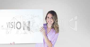 Portrait of smiling woman holding billboard with vision text