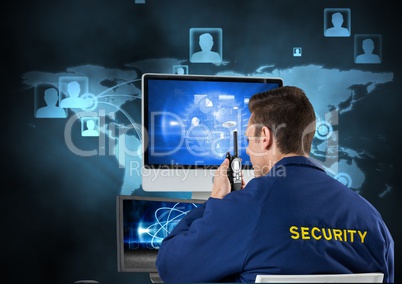 Security guard using radio and computer