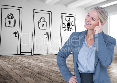 Smiling thoughtful businesswoman against drawn doors