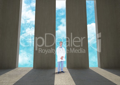 Doctor standing against doorways