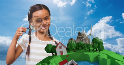 Smiling girl looking through magnifying glass by low poly earth