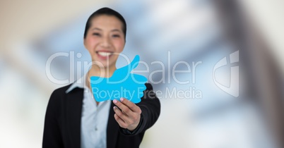 Happy businesswoman holding like symbol