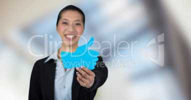 Happy businesswoman holding like symbol
