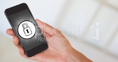 Hand with phone and white lock icon with flare against white background
