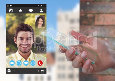 Hand holding glass screen with Social Video Chat App Interface
