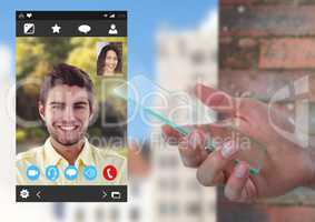 Hand holding glass screen with Social Video Chat App Interface