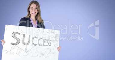 Portrait of businesswoman holding billboard with success text against blue background