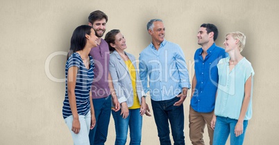 Happy men and women standing over colored background