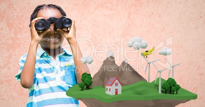 Girl using binoculars with low poly cliff in front