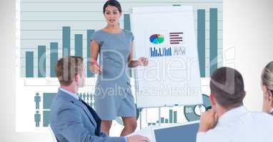 Businesswoman explaining graphs to colleagues