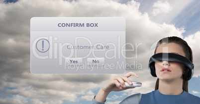 Customer support executive wearing VR headphones by dialog box
