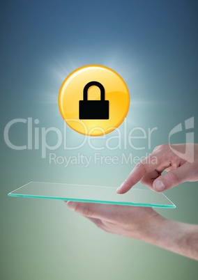 Hands with glass device and yellow lock graphic with flare against blue green background