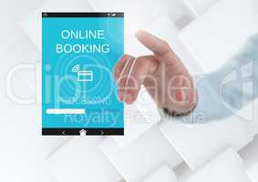 Hand touching an Online Booking App Interface