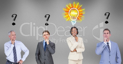Business people with question marks and light bulb over head
