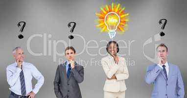 Business people with question marks and light bulb over head