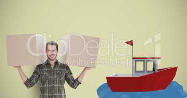 Delivery man carrying parcels by 3d boat
