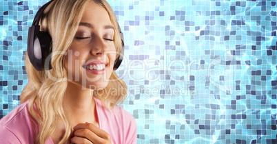 Woman listening to songs against swimming pool