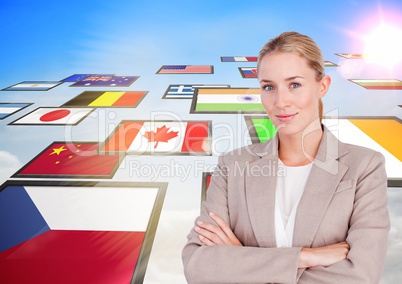 panel with flags in the sky, hand folded business woman smiling