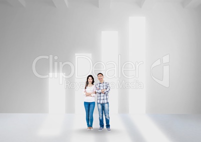 Man and woman with arms crossed standing against graph shape doorways