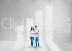 Man and woman with arms crossed standing against graph shape doorways