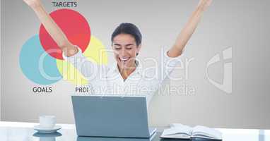 Happy businesswoman with arms raised in office