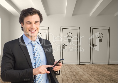 Businessman using smart phone against drawn doors