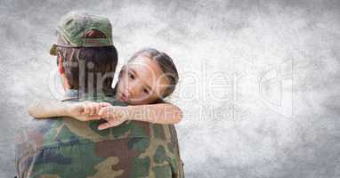 Back of soldier with daughter against white wall with grunge overlay