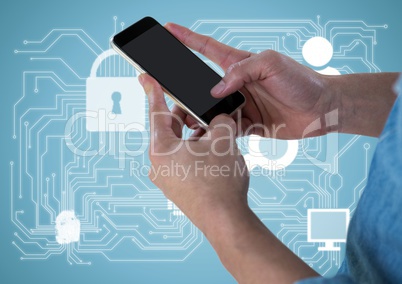 Hands with phone against blue background and white network