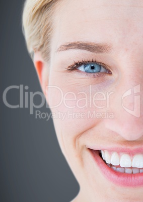 Close up of half woman's face against grey background