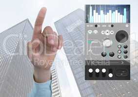 Hand pointing with Sound Music and Audio production engineering equalizer App Interface in city