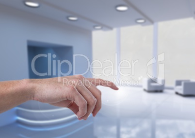 Hand pointing in  air of reception area