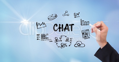 Business person's hand drawing chat icons