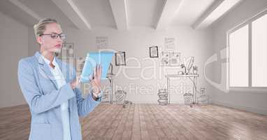 Businesswoman using tablet PC against graphics